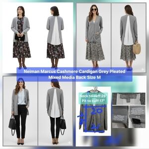 Neiman Marcus Cashmere Cardigan Grey Pleated Mixed Media Back Size M